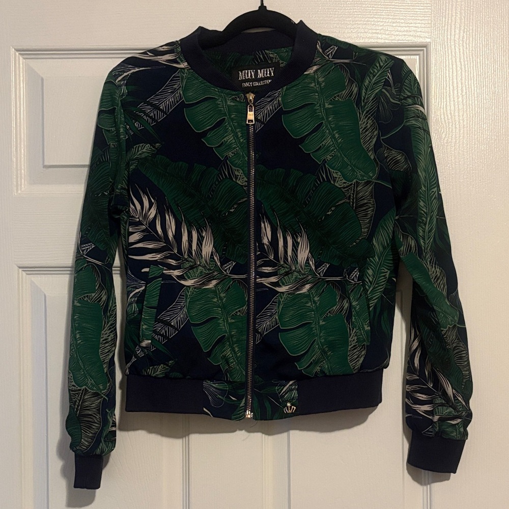 Muy Muy Leaf Print Bomber Jacket in Green and Navy